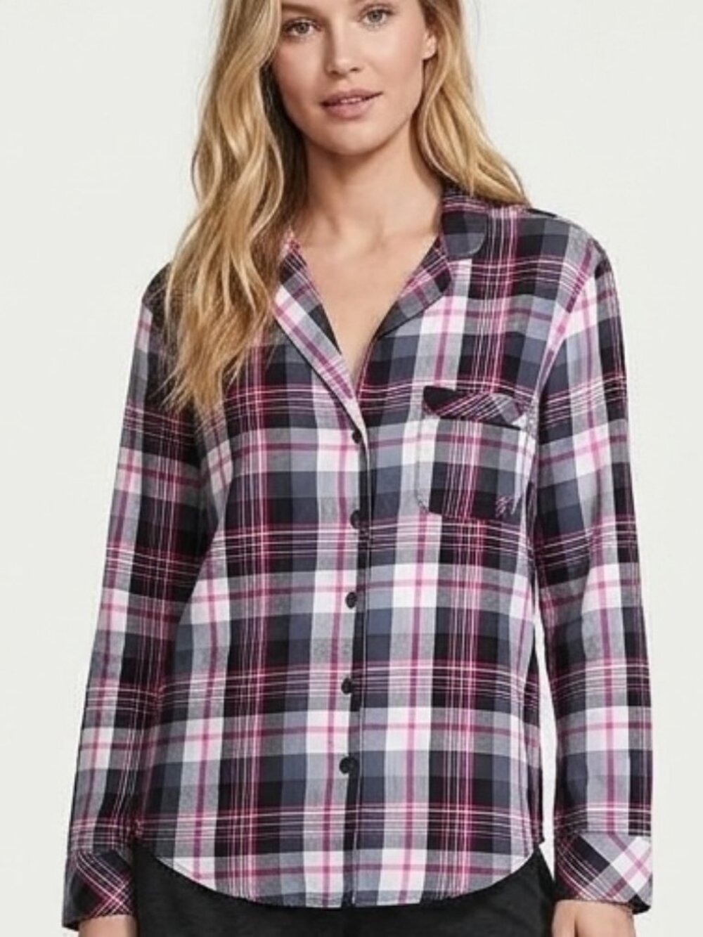 Victoria's Secret Black Pink Flannel Plaid Pajama Top S Long Sleeve Button Up